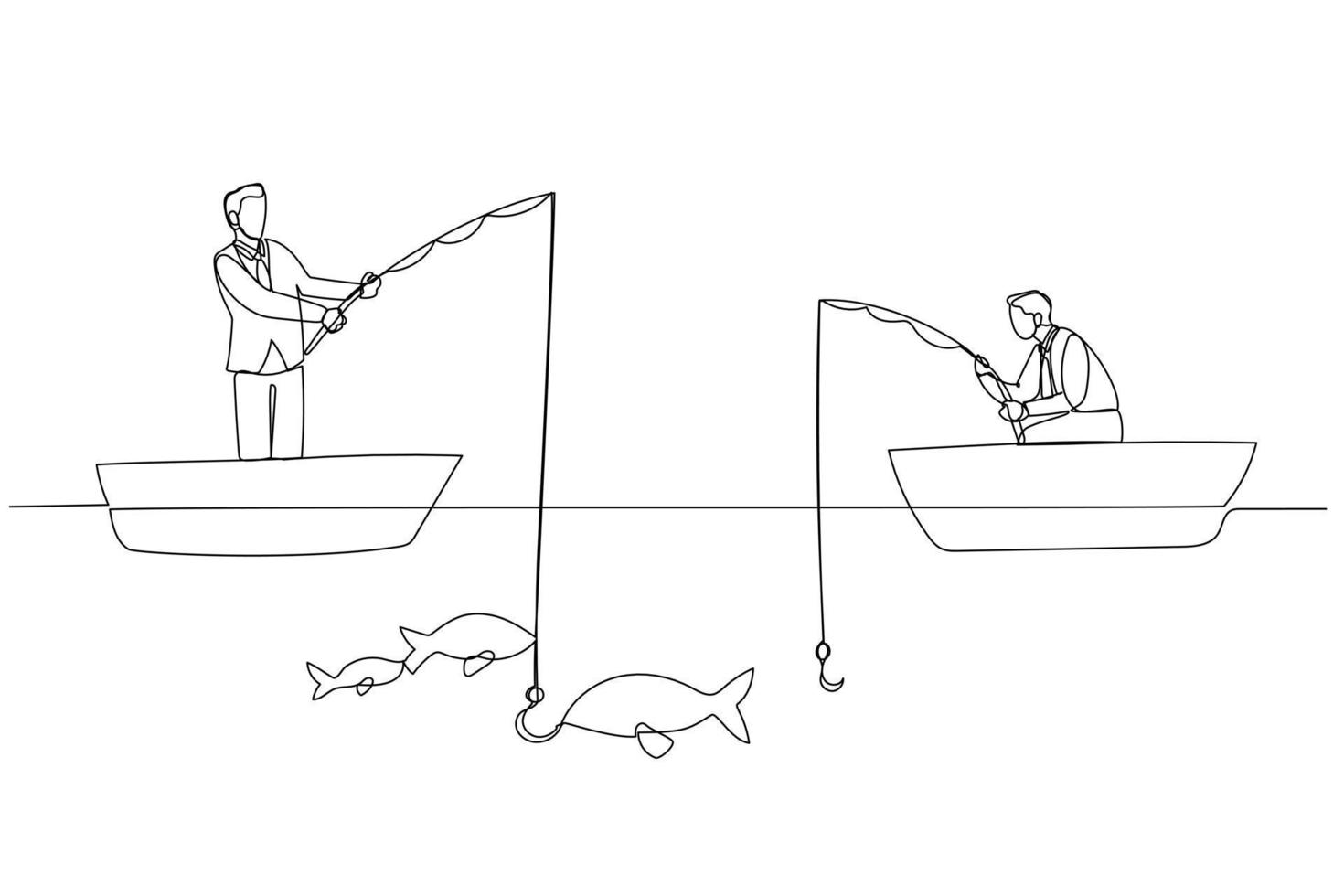 caricatura de dos hombres de negocios que pescan con fines de lucro intentan una buena producción. arte de estilo de una línea vector