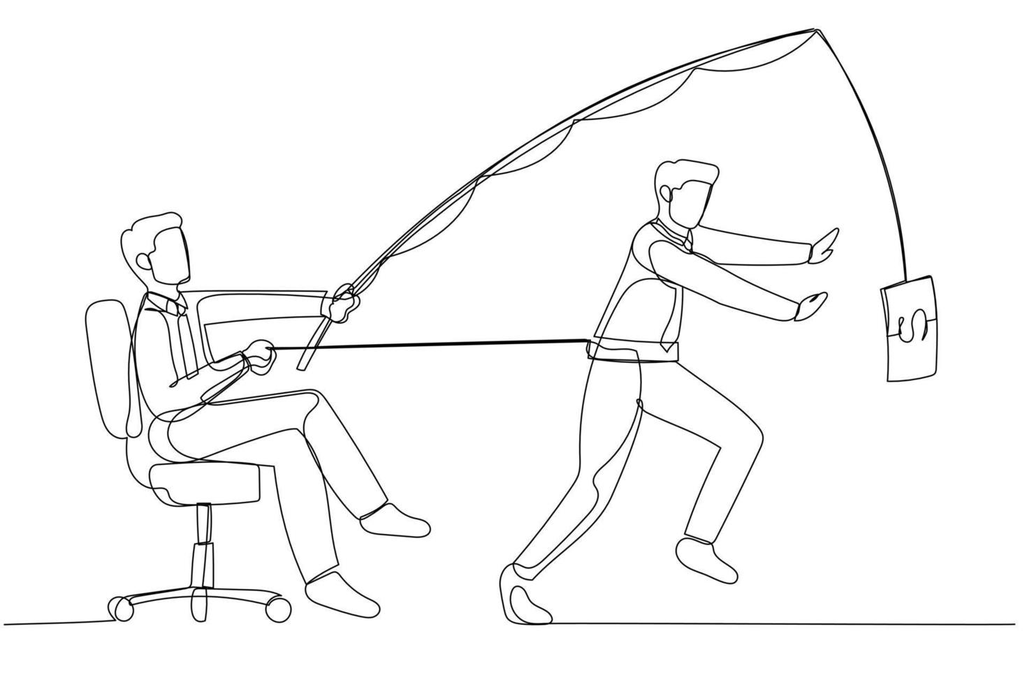 Drawing of businessman get bait with money slaved by boss. Single continuous line art style vector