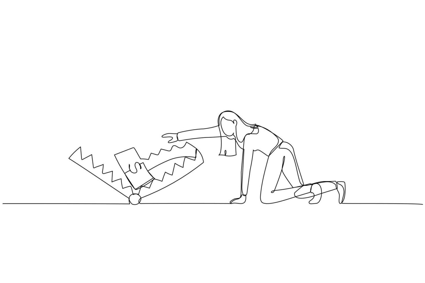 Cartoon of business woman crawling into money trap. One line art style vector