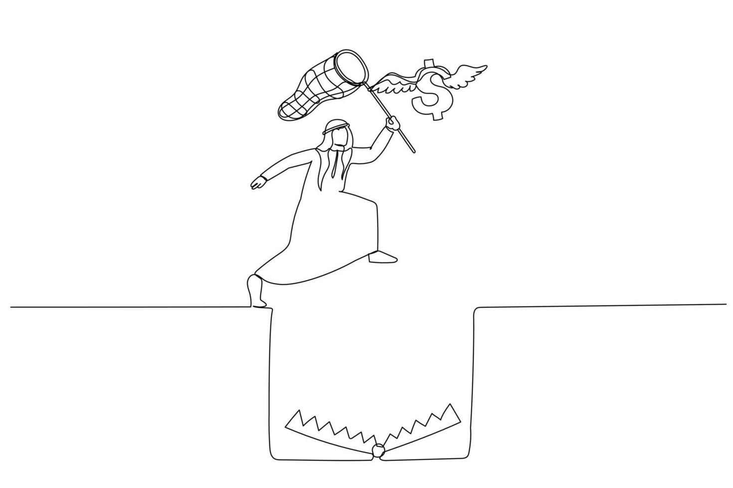 Drawing of arab man try to catch flying dollar jump over hole of trap. Single continuous line art vector