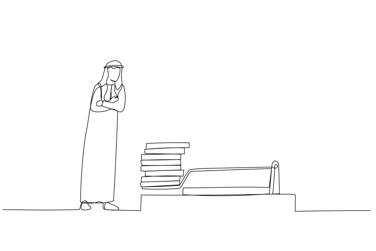 Cartoon of arab man looking analyze dollar coin profit on mousetrap. Continuous line art style vector