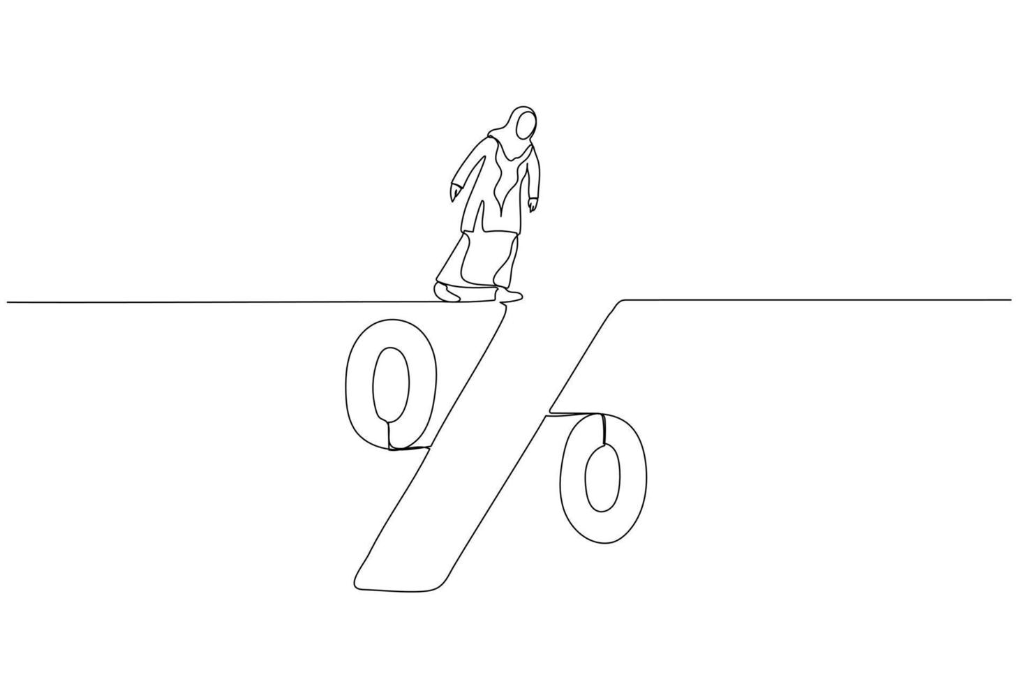 dibujo de una mujer de negocios musulmana mirando hacia el profundo agujero de la trampa de la deuda del porcentaje de préstamo de interés. un estilo de arte de línea continua vector