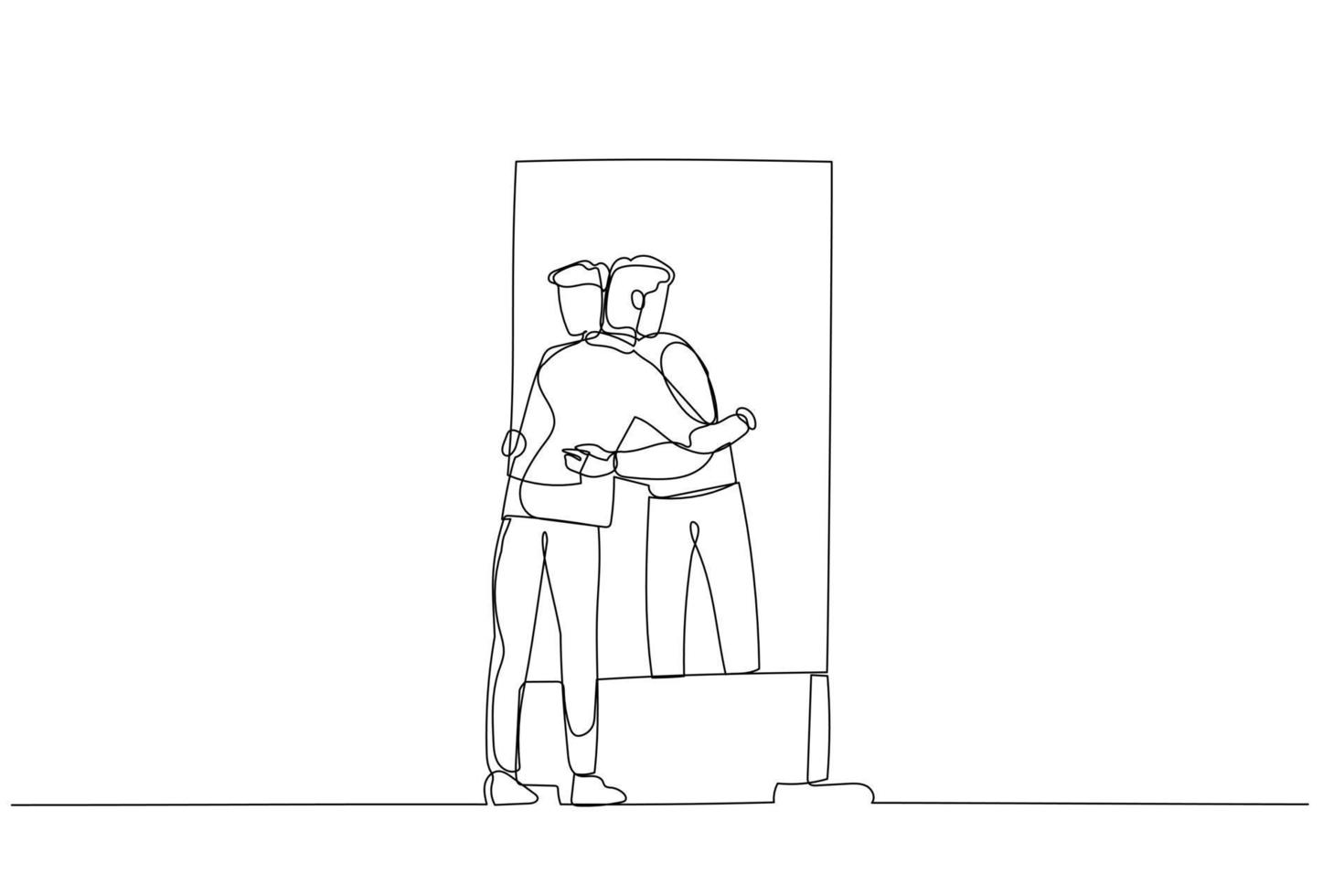 Drawing of businessman hugging own reflection on the mirror concept of self love. Continuous line art vector
