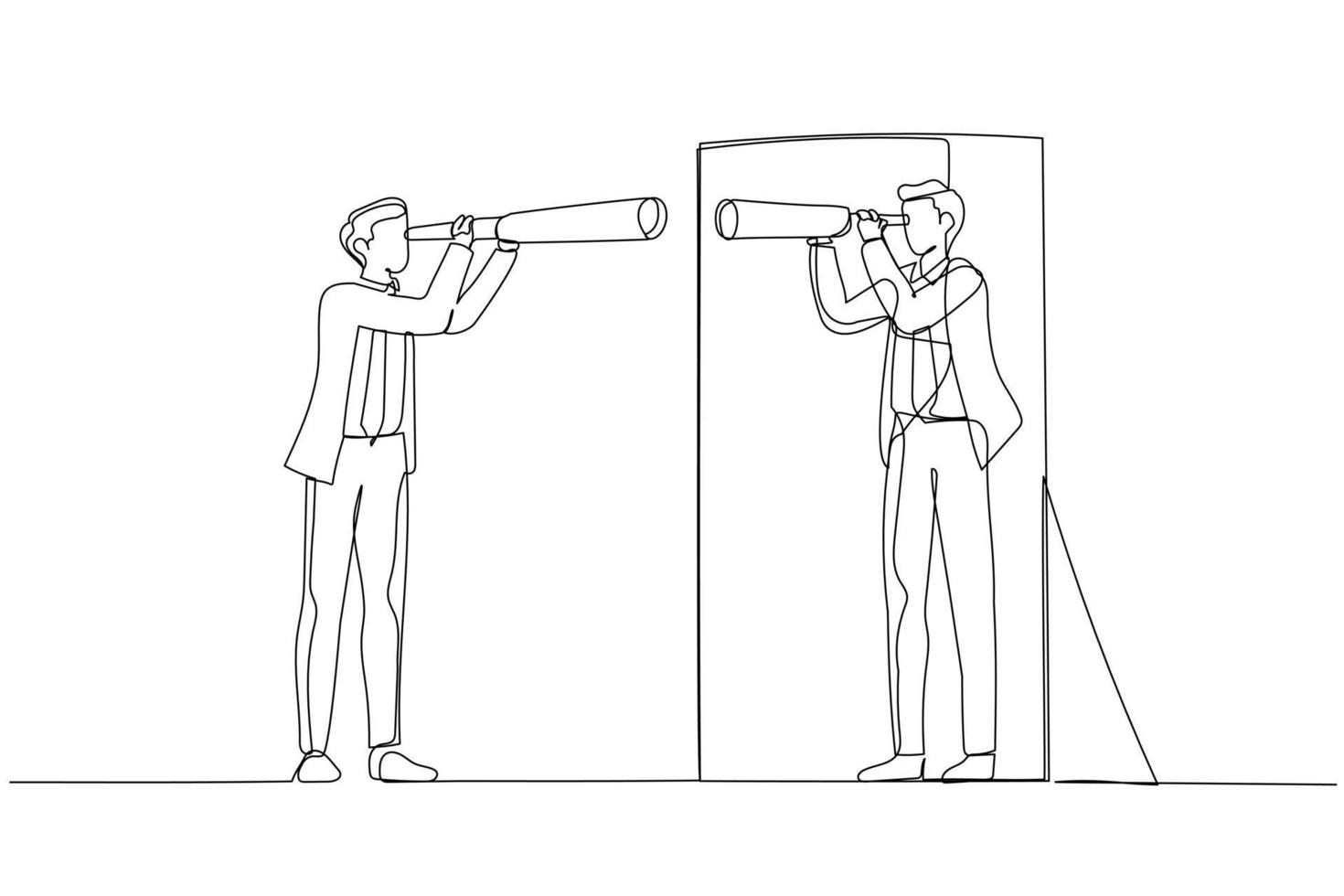 Cartoon of businessman holding telescope looking into self in mirror. One line style art vector