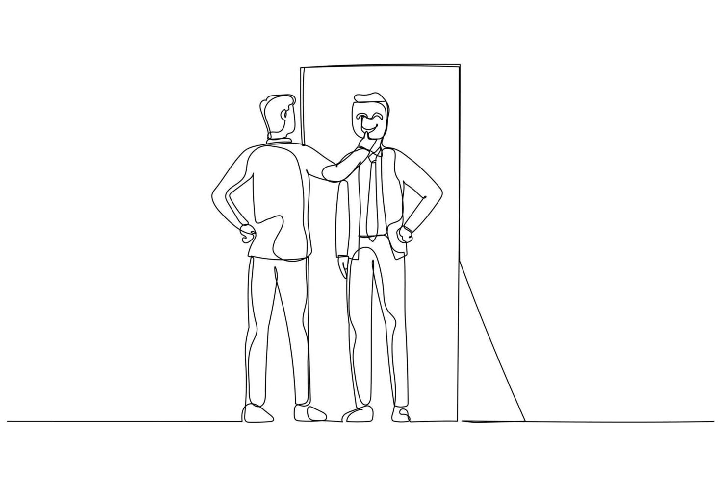 Cartoon of businessman putting mask into self reflection concept of impostor syndrome. One continuous line art style vector