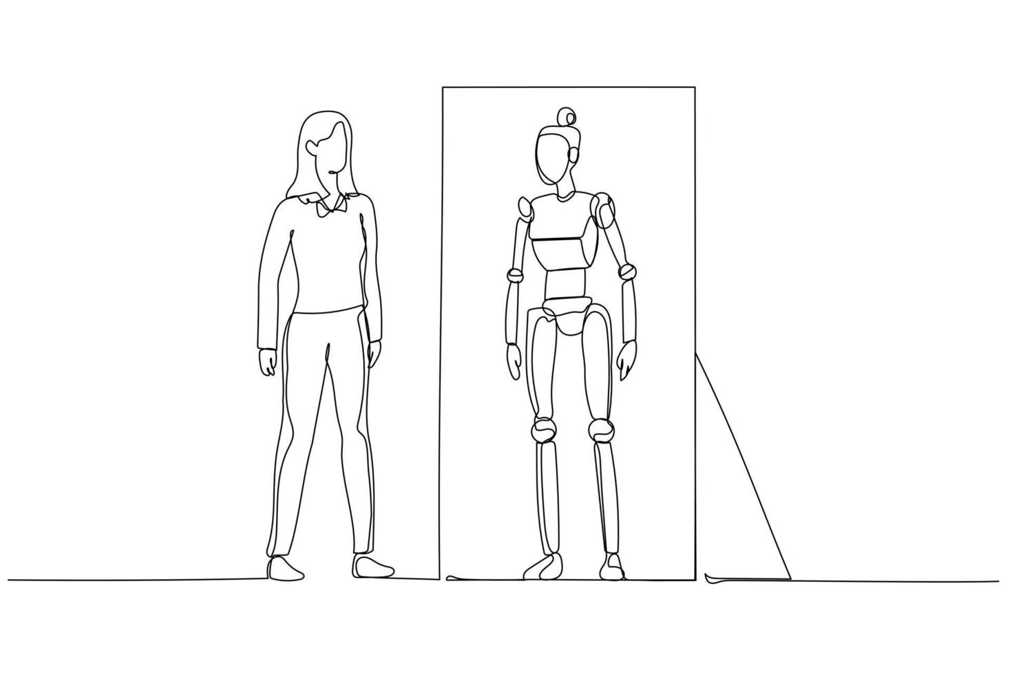 Drawing of business woman looking into mirror and seeing robot version of self concept of Artificial Intelligence. One continuous line art style vector
