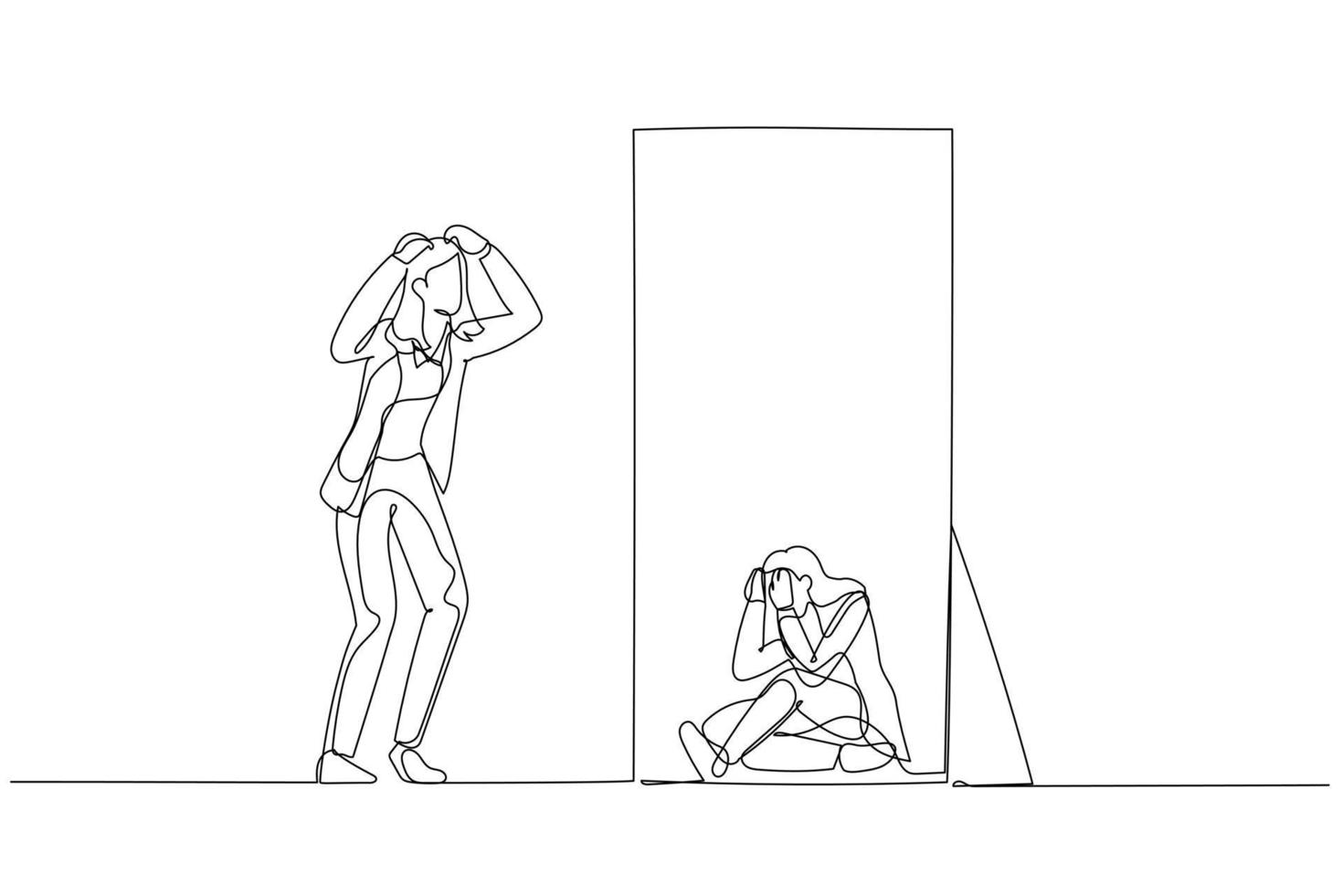 Cartoon of business woman panic look into mirror seeing depressed self. Single line art style vector