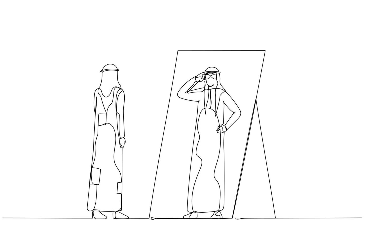Drawing of arab man looking into self putting eyegless looking cool. Single continuous line art style vector