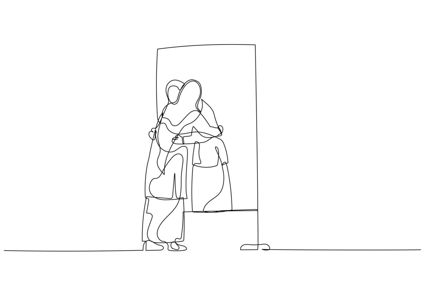 Cartoon of woman wear hijab hugging own reflection on the mirror concept of self love. Single line art style vector