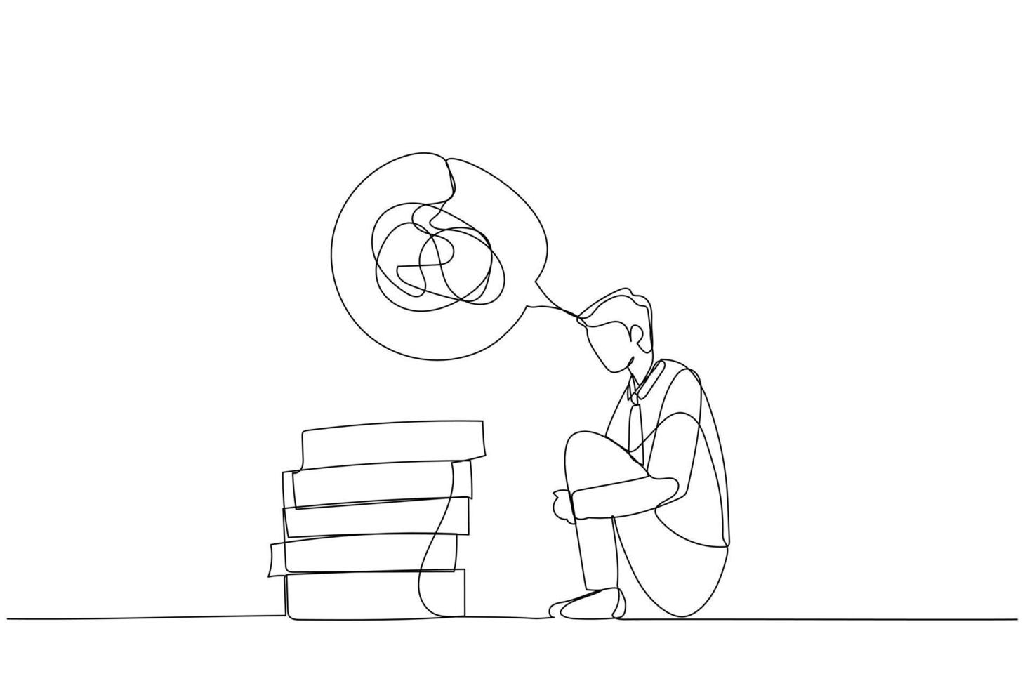 Cartoon of businessman in a state of depression confused concept of mental health. One line style art vector