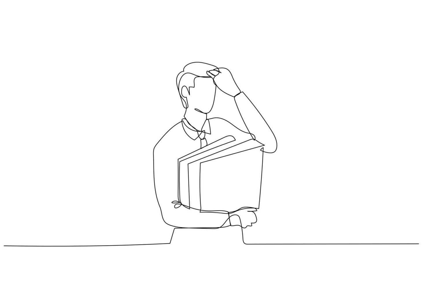Illustration of stress businessman having headache while holding folder of document. Single line art style vector