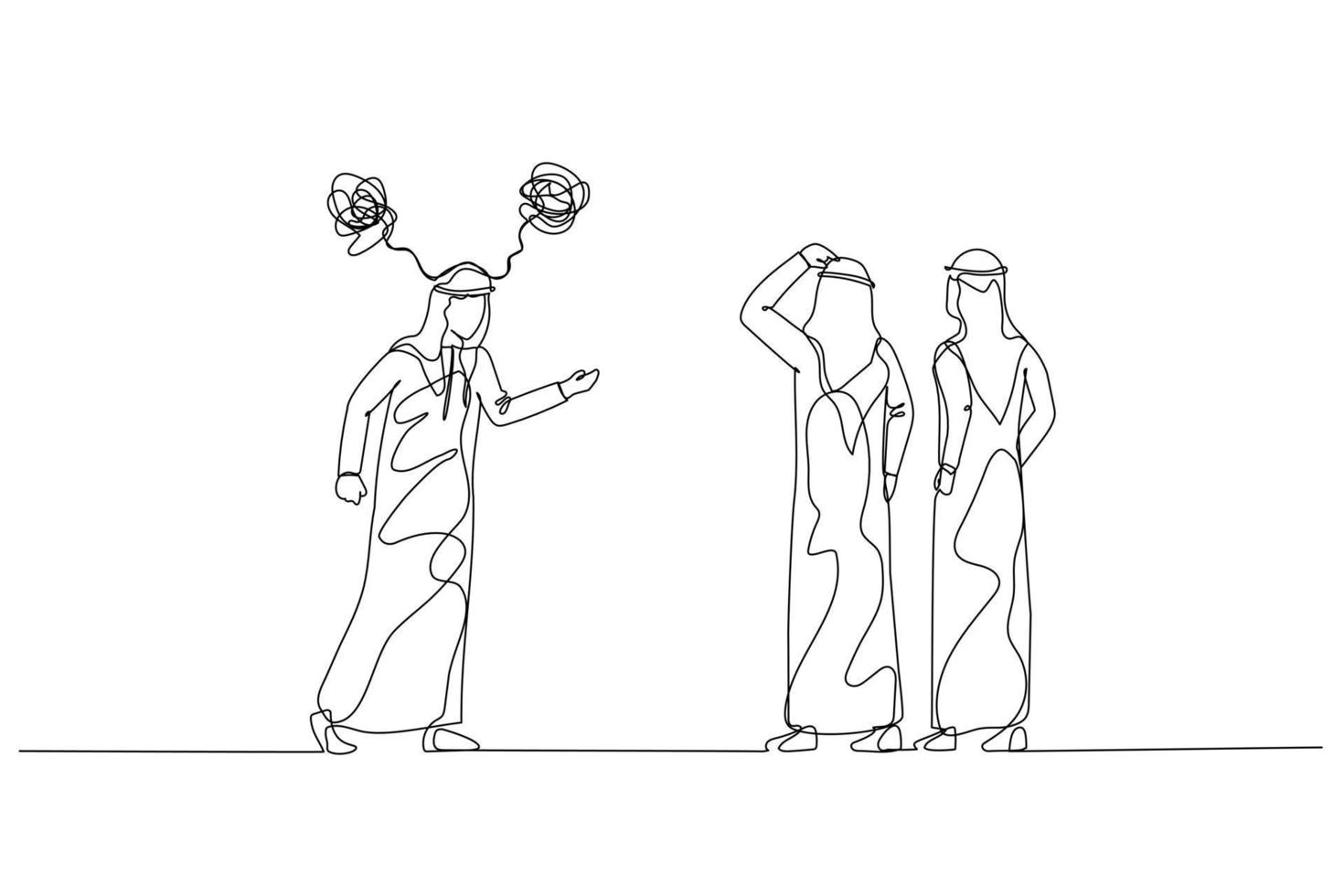 Cartoon of arab man get angry to calm coworker metaphor of difficult people. Continuous line art vector