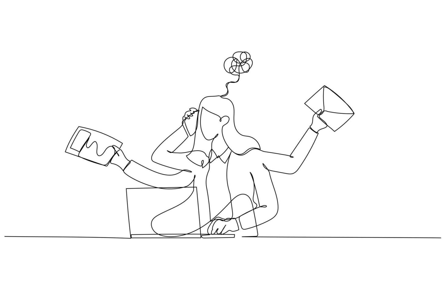 Illustration of businesswoman dizzy stressed because of daily work receive email sending paper. Single continuous line art style vector