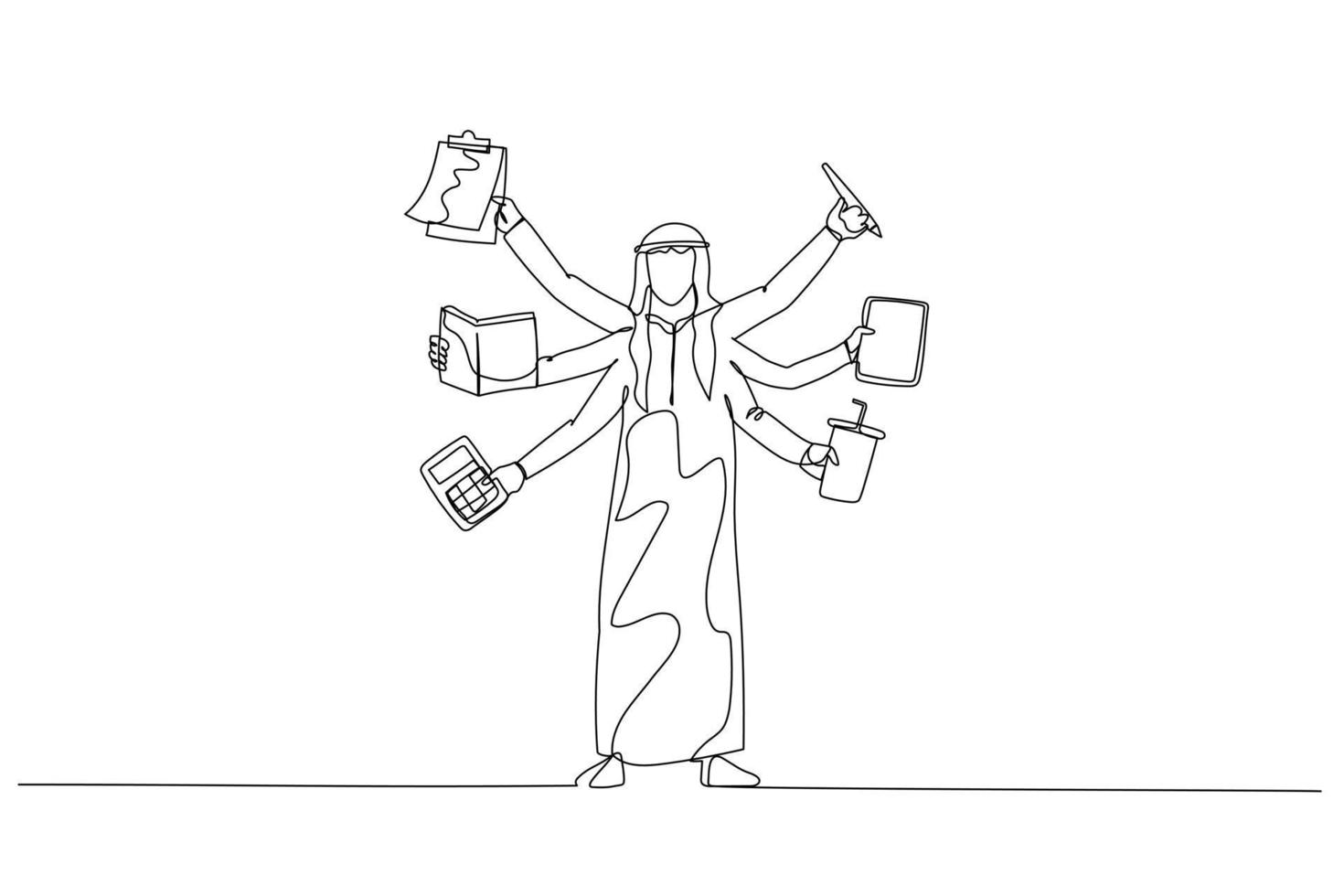 Illustration of arab man with several hand concept of multitasking. One line style art vector