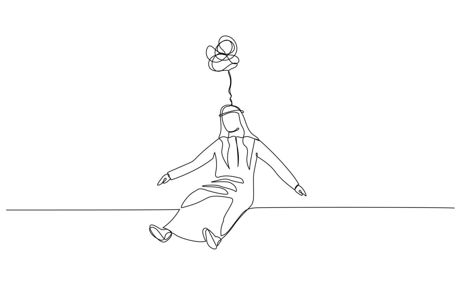 Drawing of arab man sad stressed drop in the floor. Single continuous line art vector