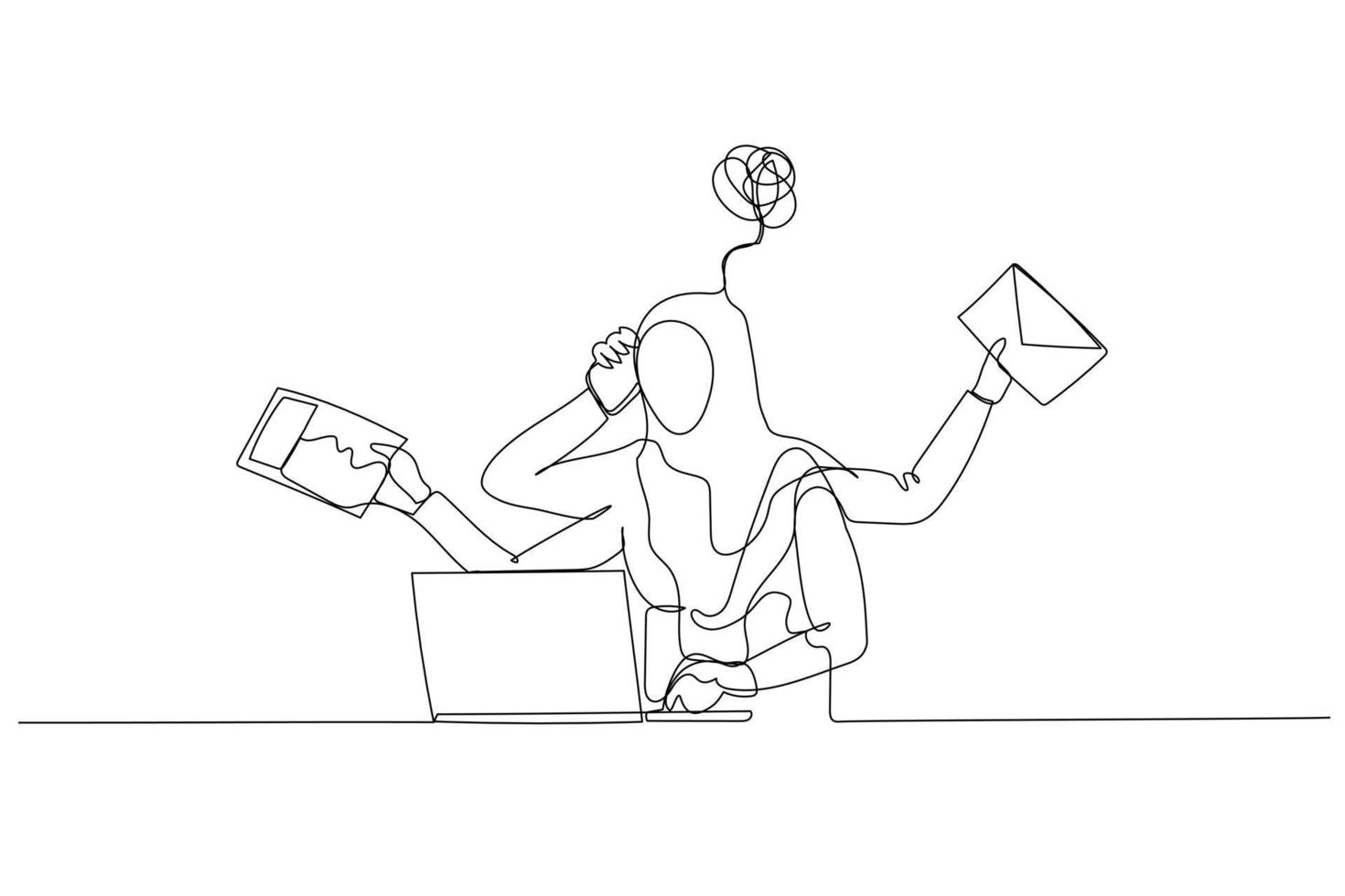 Illustration of muslim woman dizzy stressed because of daily work receive email sending paper. Continuous line art style vector