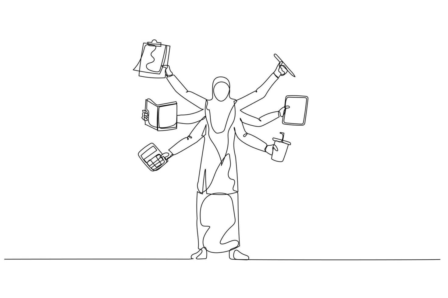 Cartoon of muslim woman with several hand concept of multitasking. Single line art style vector