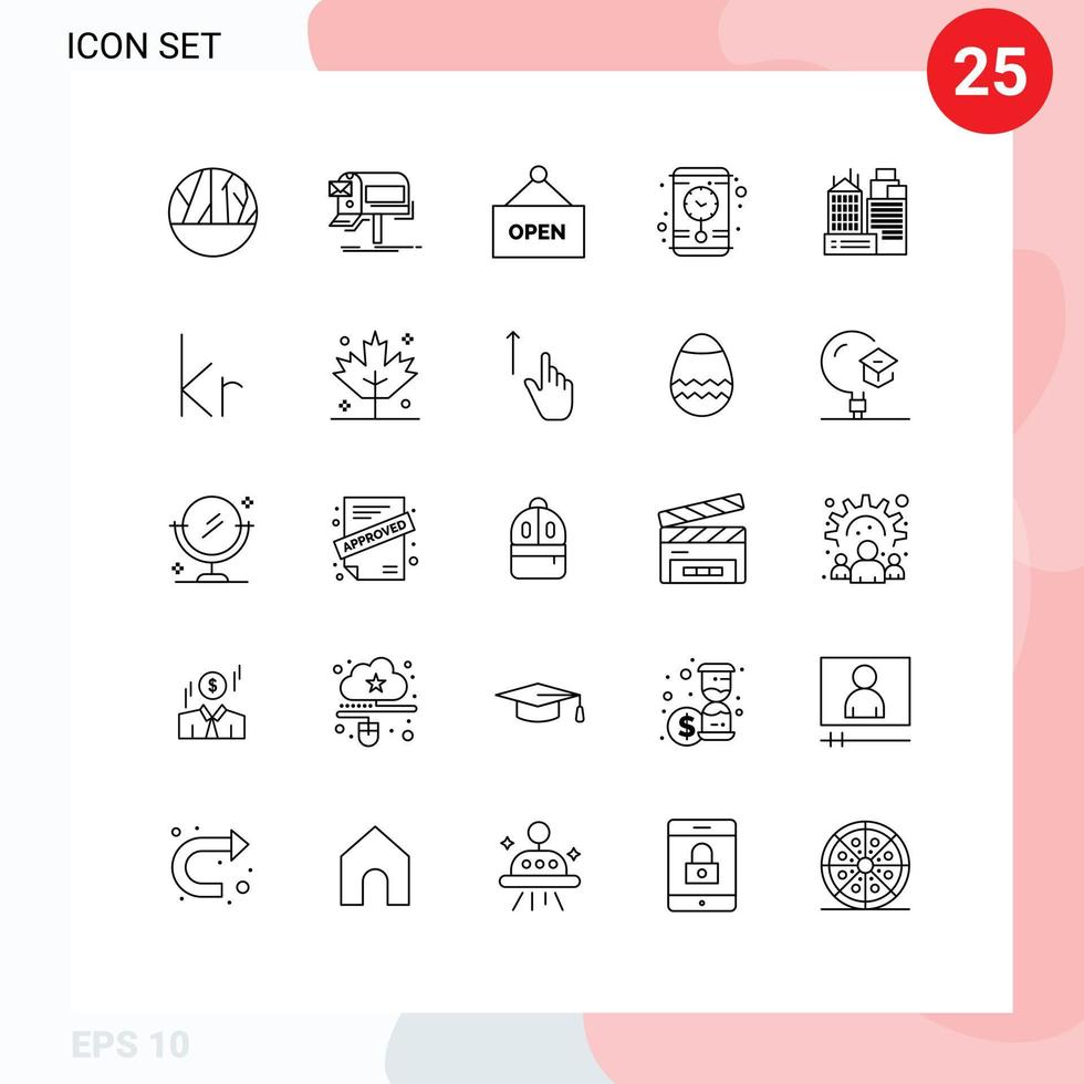 Pictogram Set of 25 Simple Lines of place building mail wall clock clock Editable Vector Design Elements