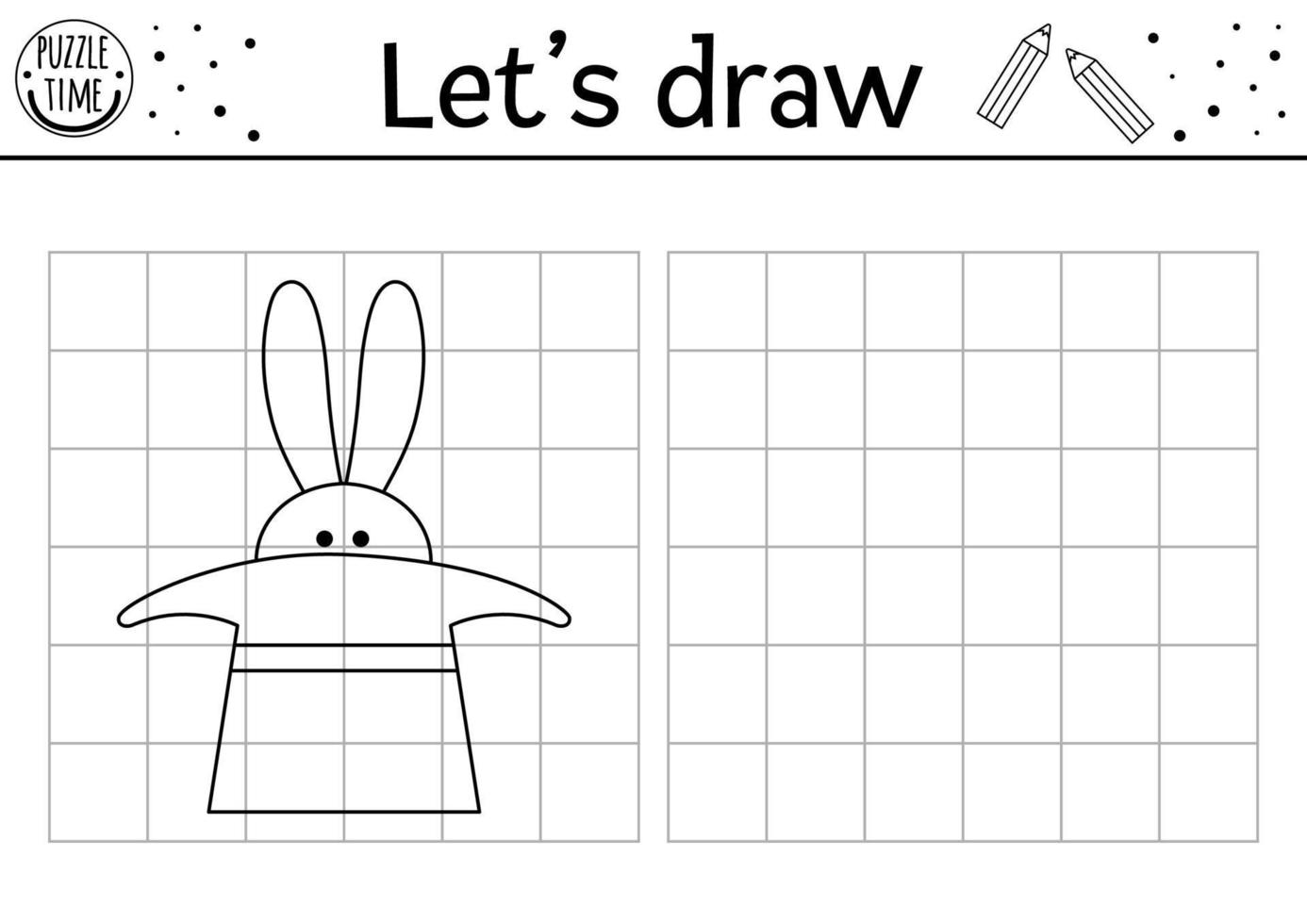 dibujar el conejo con sombrero. completa la imagen hoja de trabajo de práctica de dibujo de circo vectorial. actividad imprimible en blanco y negro para niños en edad preescolar con liebre. copiar el juego temático del festival de imágenes vector