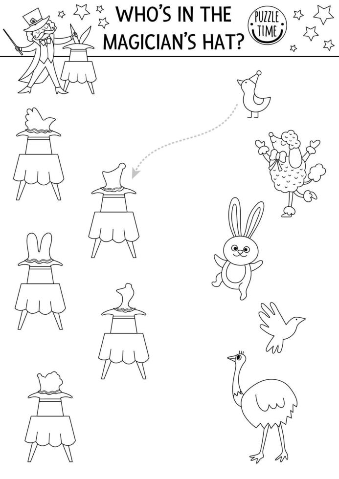 Circus black and white matching activity with cute characters. Amusement show line puzzle with illusionist making trick. Match the objects coloring page. Who is in the magician hat vector