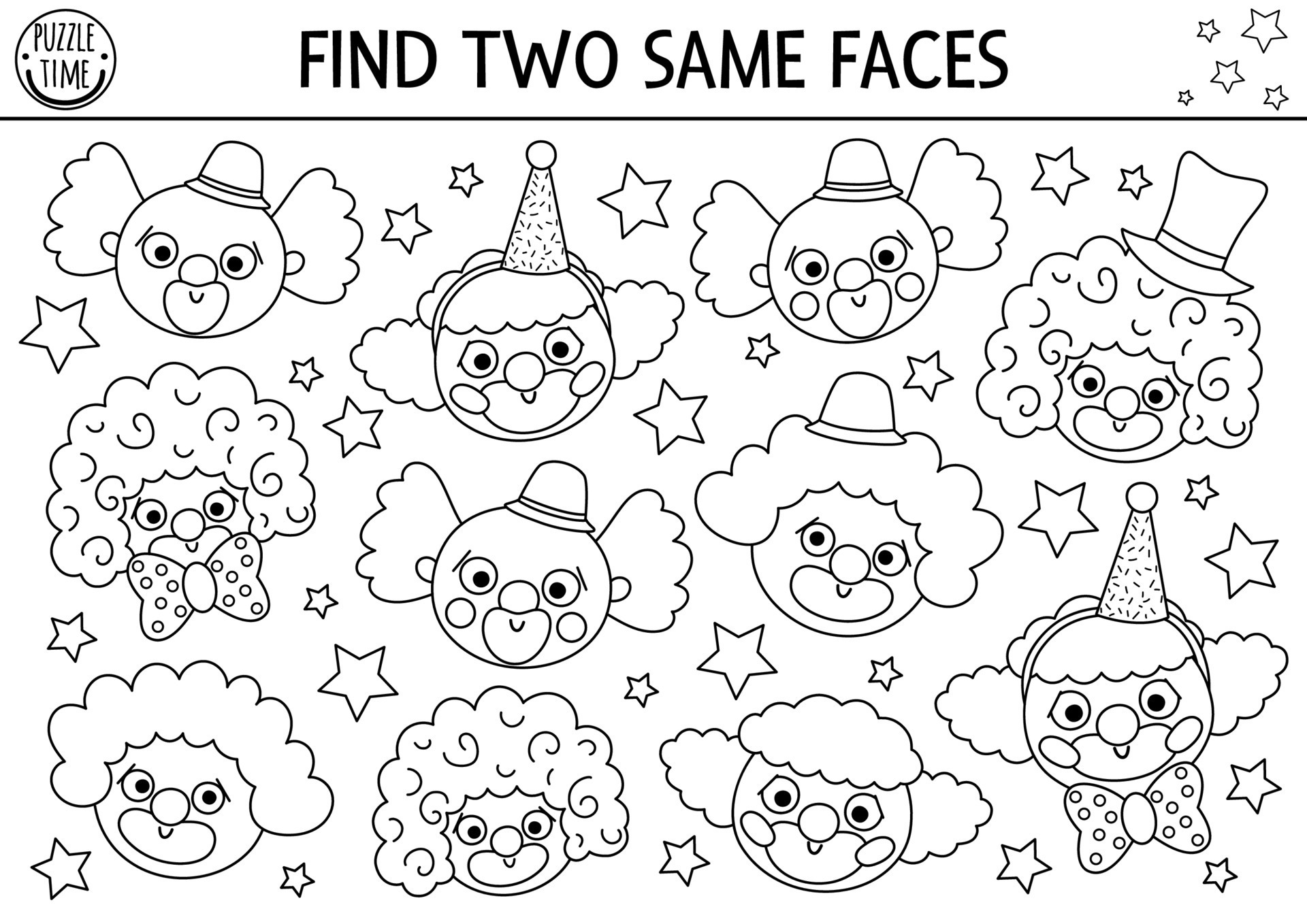 Find two same clown faces. Circus black and white matching activity for