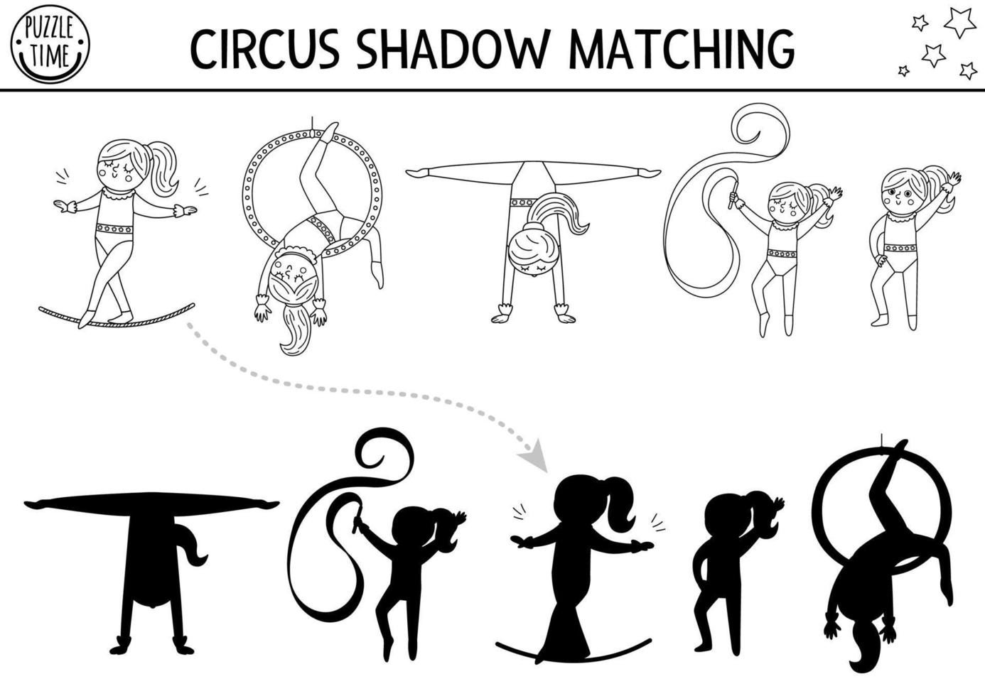 Circus black and white shadow matching activity with cute gymnasts. Amusement show line puzzle. Find correct silhouette printable worksheet or game. Entertainment coloring page vector