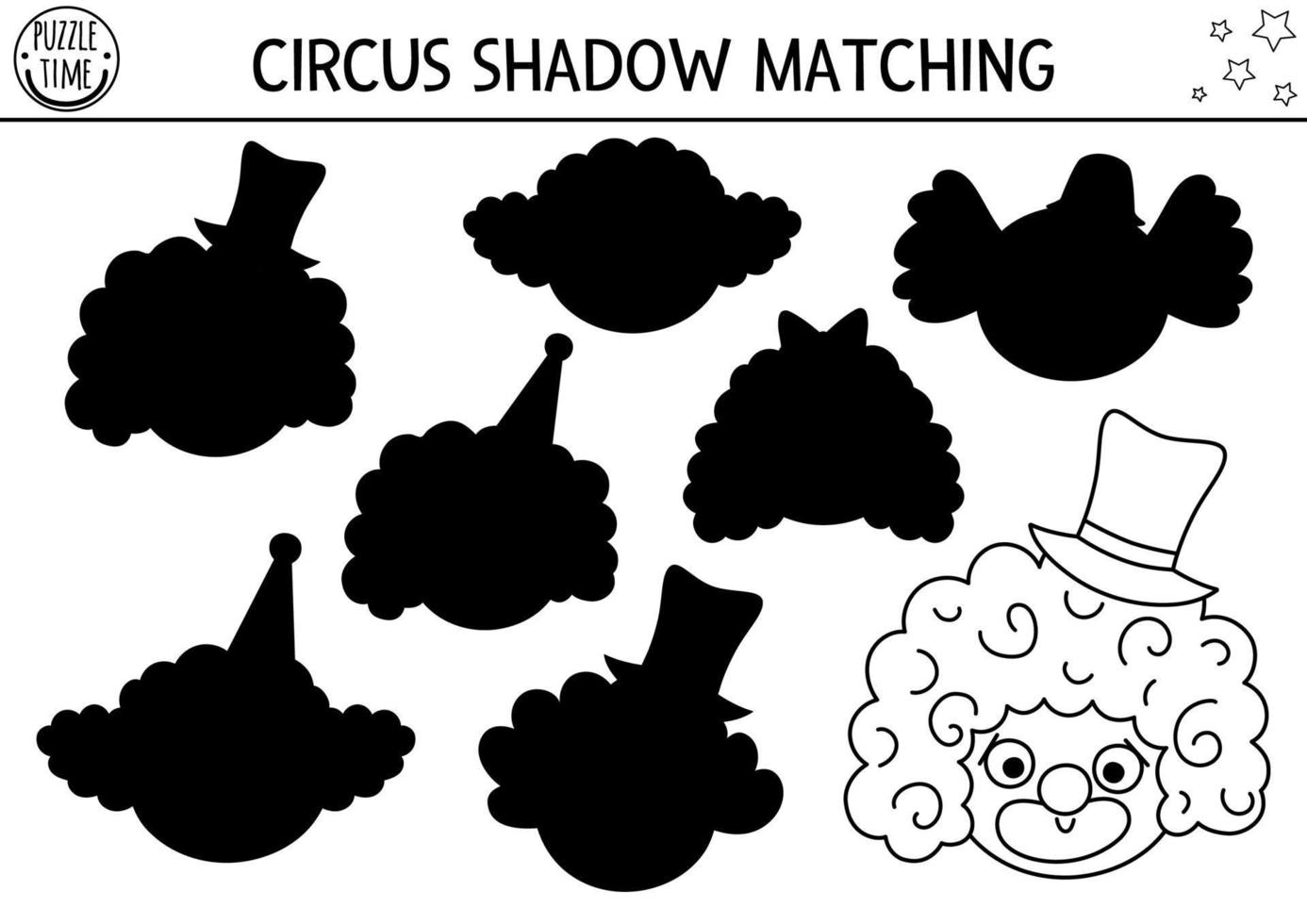 Circus black and white shadow matching activity with cute clown faces. Amusement show line puzzle. Find correct silhouette printable worksheet or game. Entertainment coloring page vector