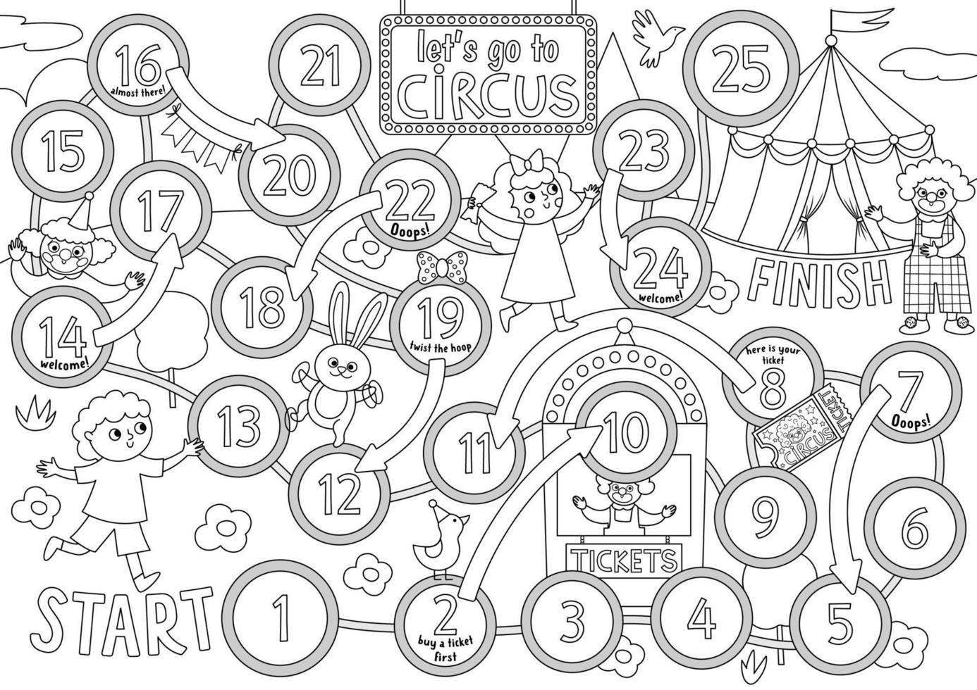 Circus black and white dice board game for children with boy running to marqee, clowns. Amusement show or holiday line boardgame. Entertainment festival activity or coloring page vector