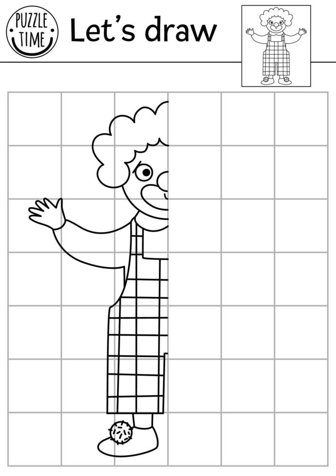 Complete the clown picture. Vector circus symmetrical drawing practice worksheet. Printable black and white activity for preschool kids. Copy the picture entertainment festival themed game