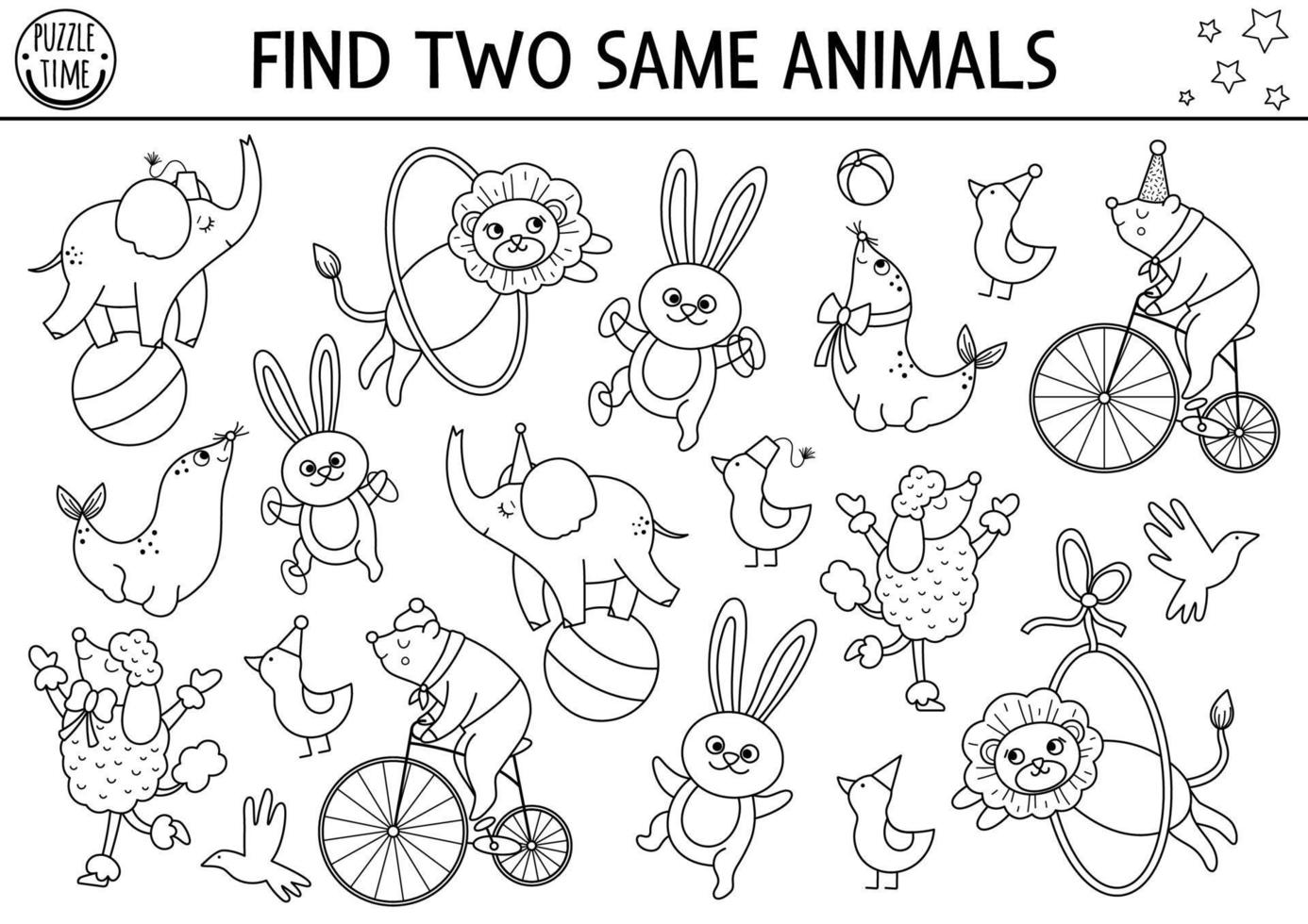 Find two same circus animals. black and white matching activity for children. Amusement show educational line quiz worksheet for kids. Simple printable game or coloring page vector