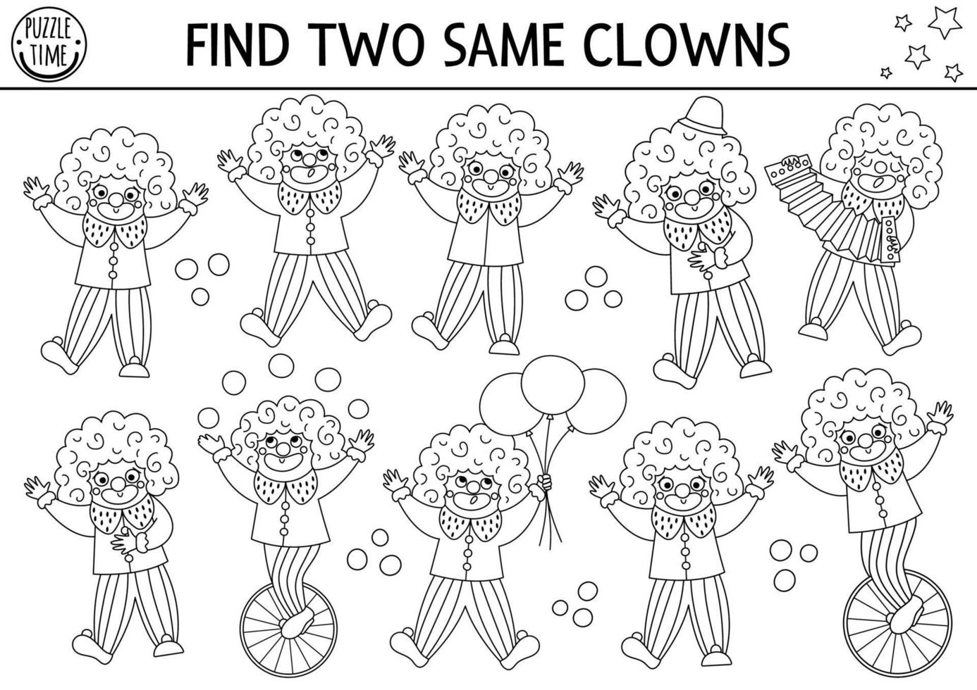 Find two same clowns. Circus black and white matching activity for children. Amusement show educational line quiz worksheet for kids. Simple printable game or coloring page vector