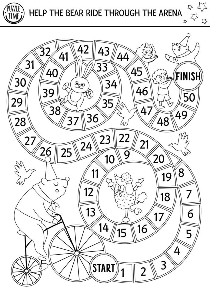 Circus black and white dice board game for children with bear on bicycle riding through the arena. Amusement show line boardgame. Entertainment printable coloring page with animal vector
