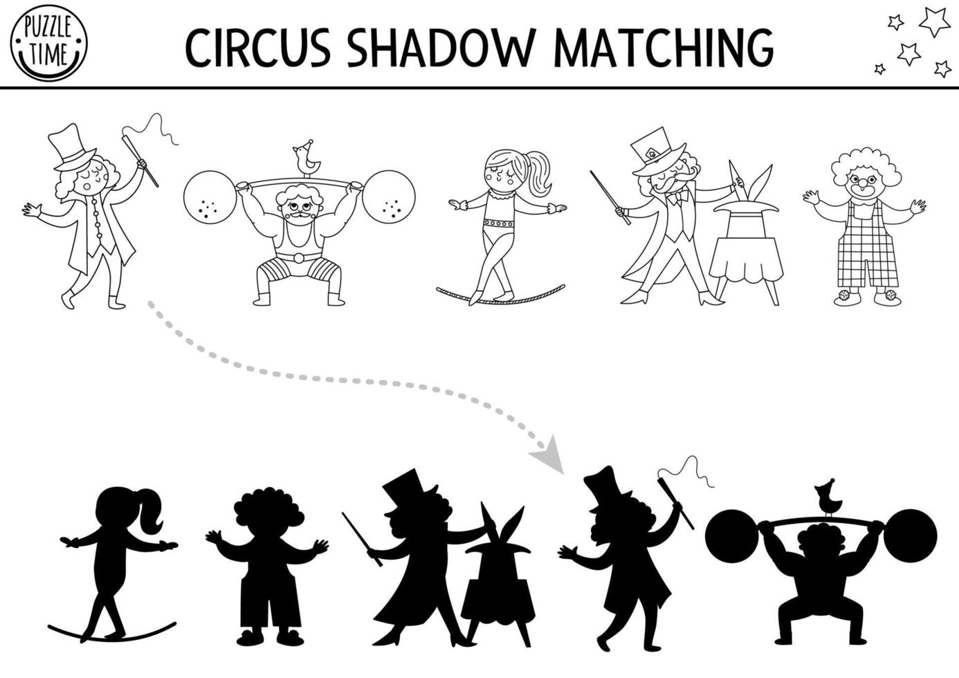 Circus black and white shadow matching activity with cute performers. Amusement puzzle with artists. Find correct silhouette printable worksheet or game. Entertainment coloring page vector
