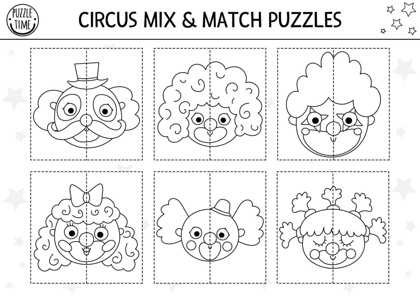 Vector circus black and white mix and match puzzle with clown faces. Matching amusement show line activity or coloring page. Educational printable game with stage performers