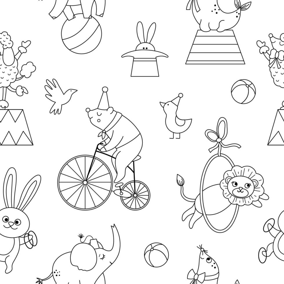 Vector black and white seamless pattern with circus animals. Amusement holiday line repeat background. Digital paper or coloring page with cute funny festival characters