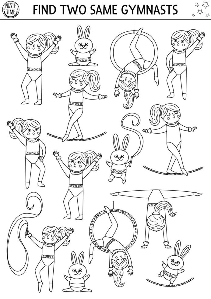 Find two same gymnasts. Circus black and white matching activity for children. Amusement show educational line quiz worksheet for kids. Simple printable game or coloring page vector