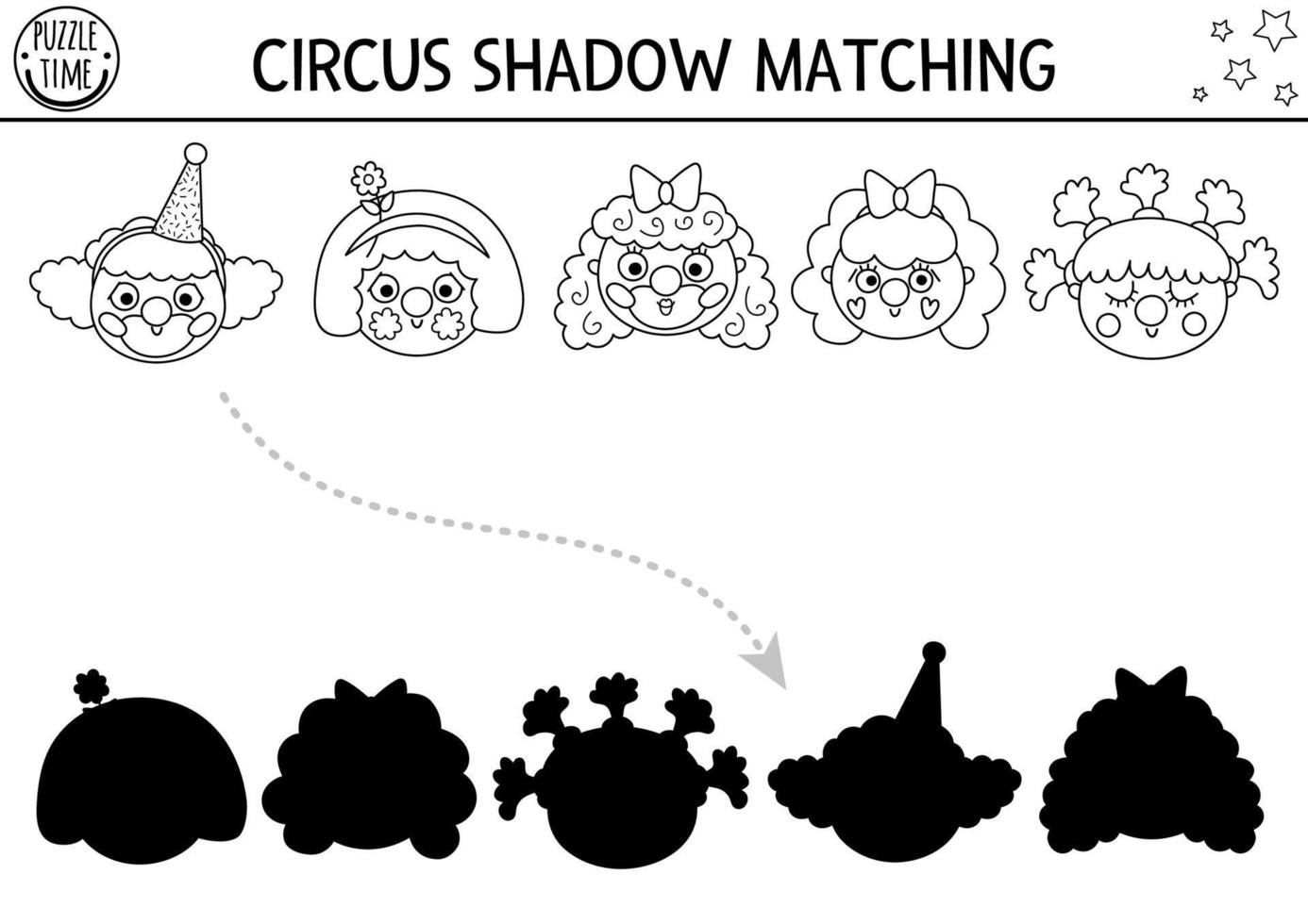 Circus black and white shadow matching activity with cute clown faces. Amusement show line puzzle. Find correct silhouette printable worksheet or game. Entertainment coloring page vector