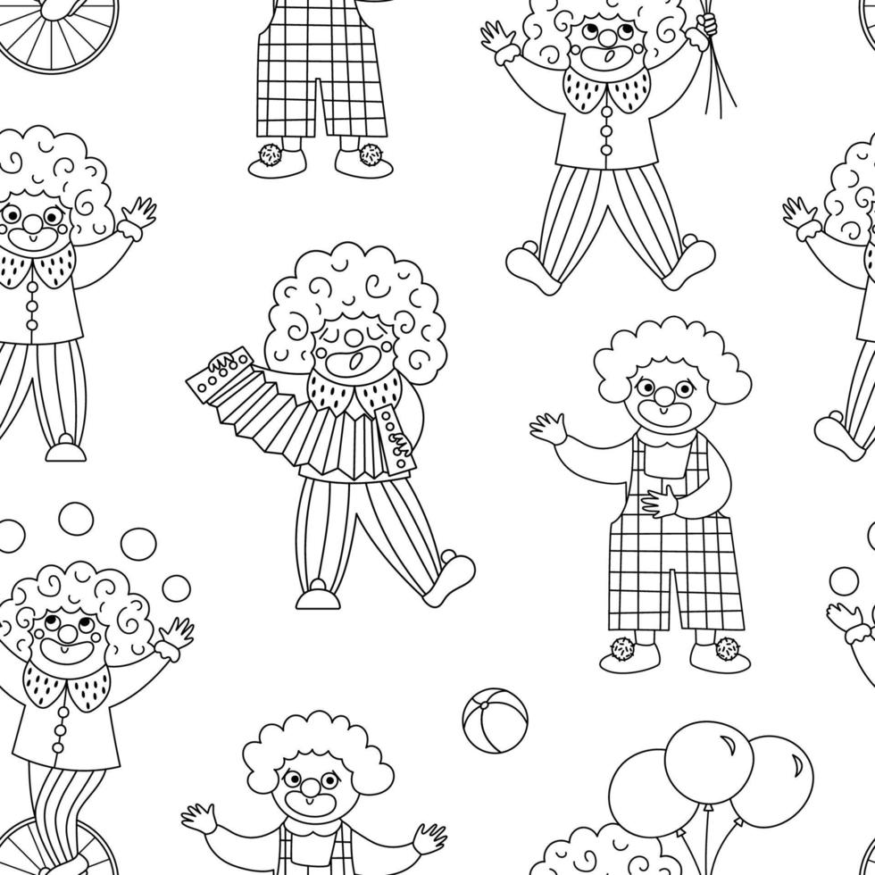 Vector black and white seamless pattern with clowns. Line circus artists repeat background. Amusement holiday digital paper or coloring page. Cute funny festival or street show comedians texture