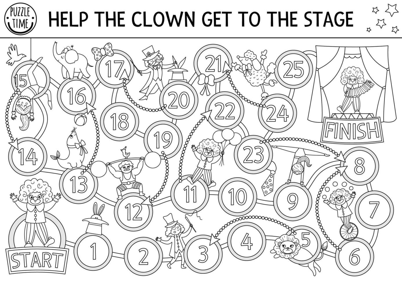 juego de mesa de dados en blanco y negro de circo para niños con payaso que va al escenario. espectáculo de diversión o juego de mesa de vacaciones. hoja de trabajo imprimible de entretenimiento o página para colorear con mago vector