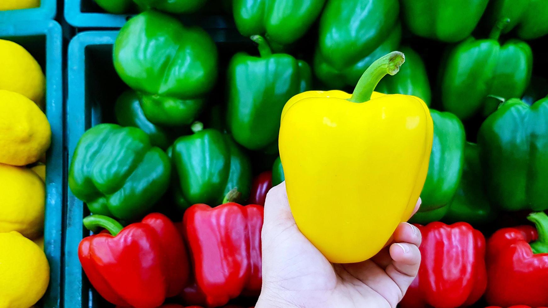 primer plano mano sosteniendo pimiento amarillo fresco con limón, pimiento verde y rojo fondo borroso con espacio de copia a la izquierda. selección, elección para comprar alimentos, verduras o frutas en el mercado o supermercado. foto