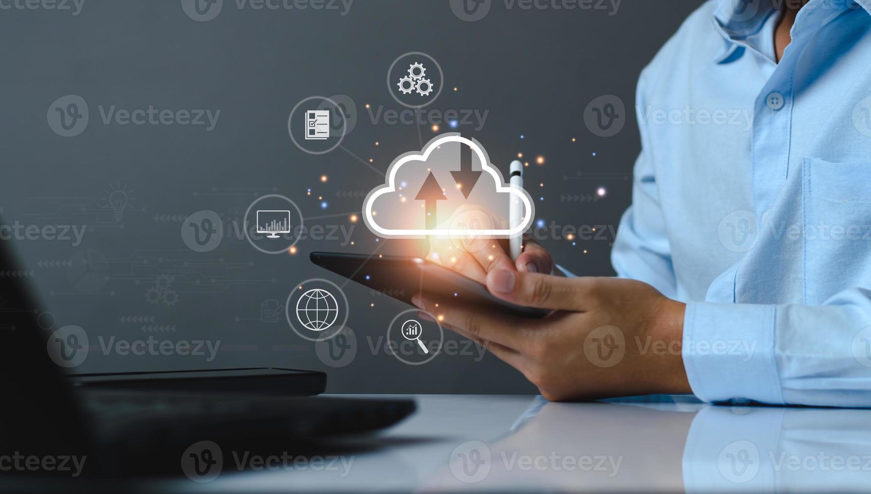 Businessman using cloud technology connect business data. Cloud computing diagram show on hand. Internet Cloud technology. Digital Data storage. Networking and internet service for business concept. photo