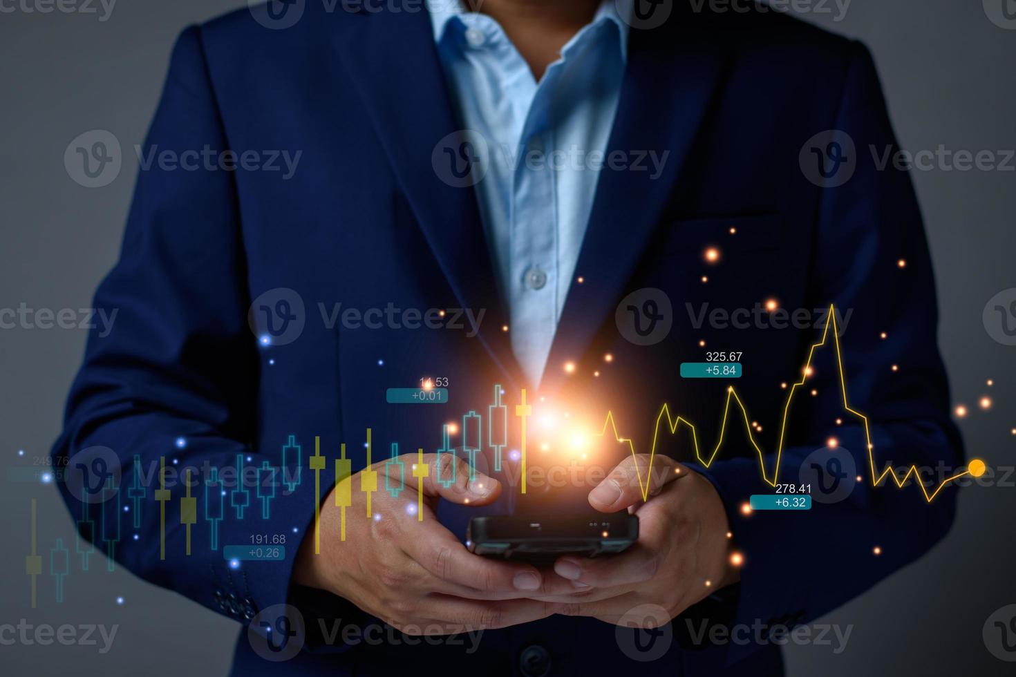 planning and strategy, Stock market, Business growth, progress or success concept. Hand of Businessman or trader touching showing a growing virtual hologram stock on smartphone, invest in trading. photo