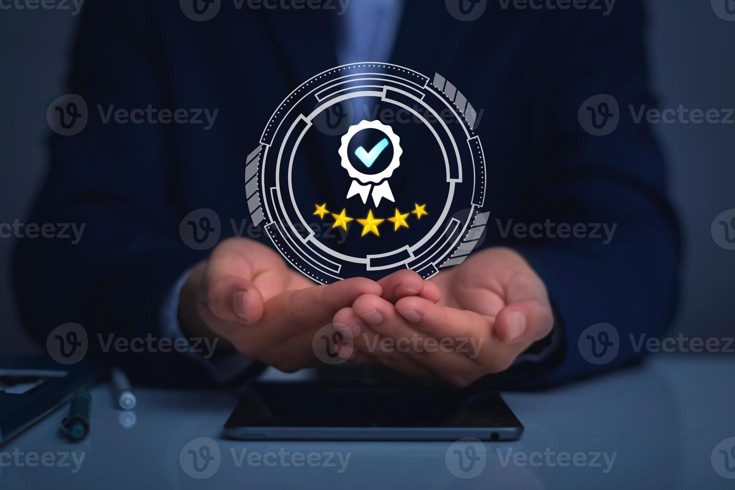 Quality Assurance Concept. Business people show high quality assurance mark, good service, premium, digital signature, premium service assurance, excellence service, high quality, excellence guarantee photo