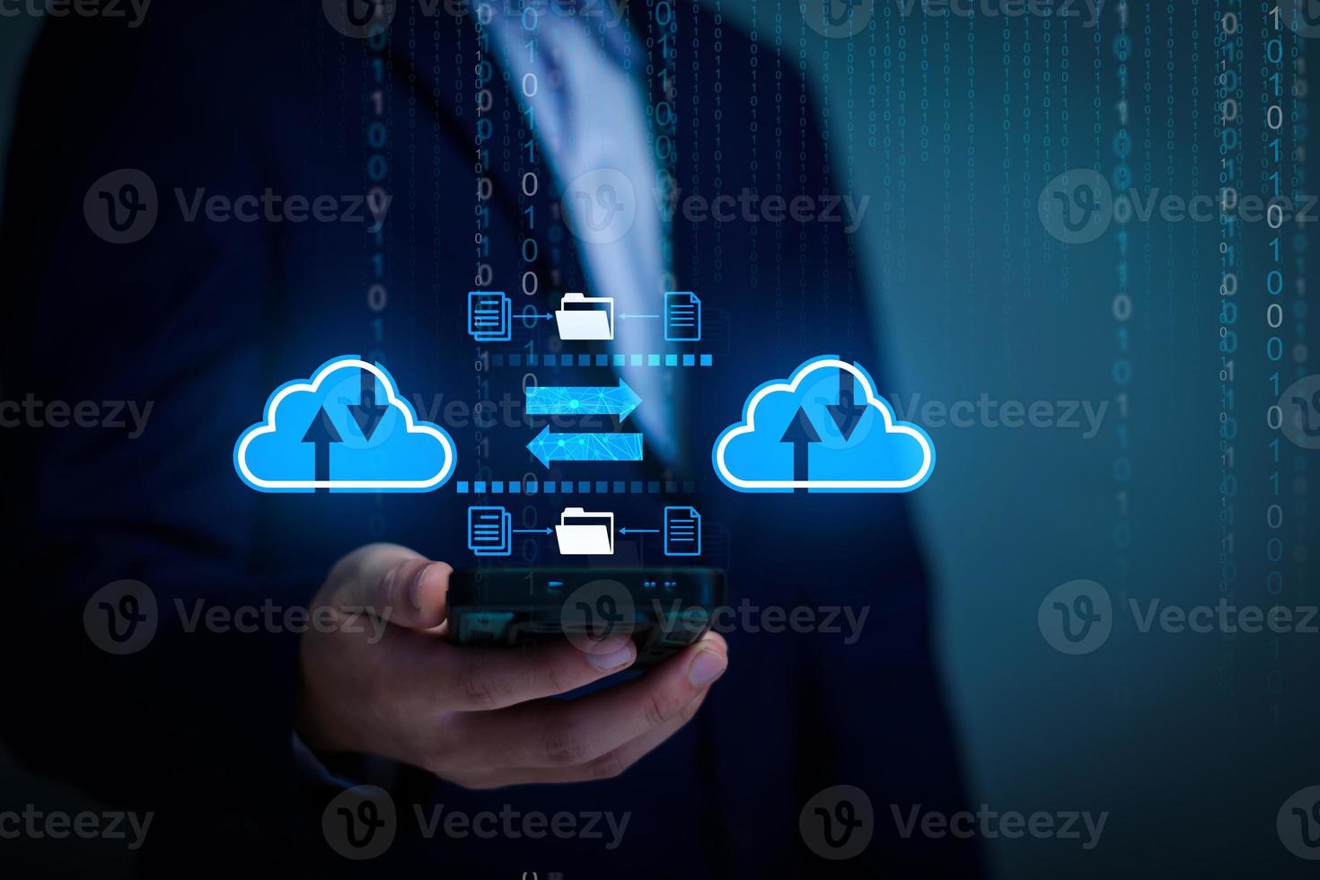 Businessman using cloud technology connect business data. Cloud computing diagram show on hand. Internet Cloud technology. Digital Data storage. Networking and internet service for business concept. photo