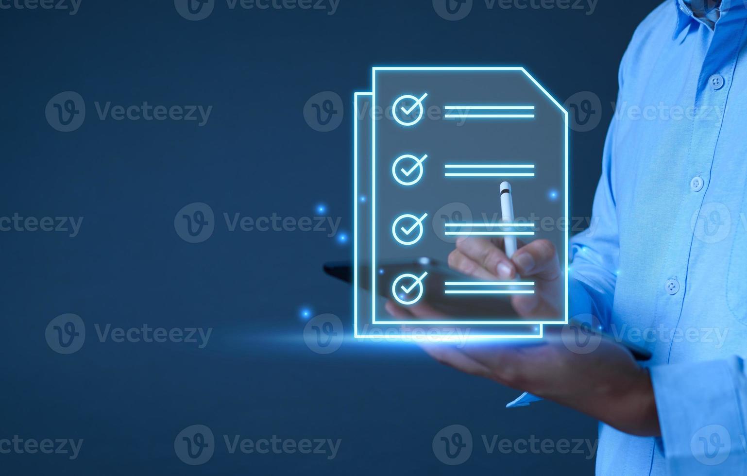 Businessman working with tablet. Checking mark up on the check boxes. Successful completion of business tasks. Digital marketing of statistics level up of graph. Business management goal strategy. photo