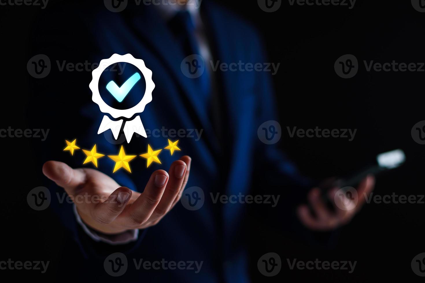 Quality Assurance Concept. Business people show high quality assurance mark, good service, premium, digital signature, premium service assurance, excellence service, high quality, excellence guarantee photo
