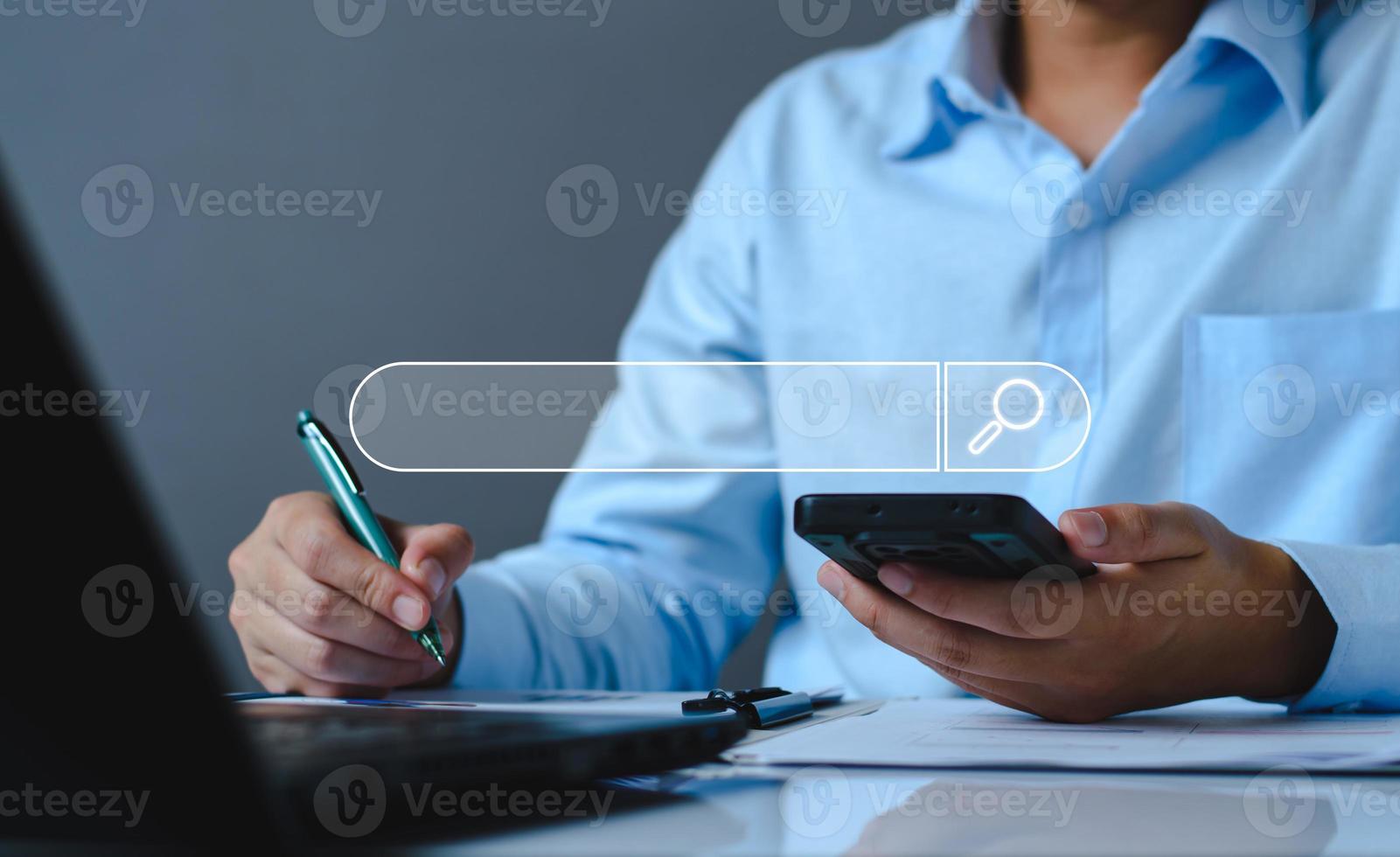 Data Search Technology Search Engine Optimization. Business people are searching for information in digital databases, search jobs, apply online jobs, manage big data bases, business information. photo