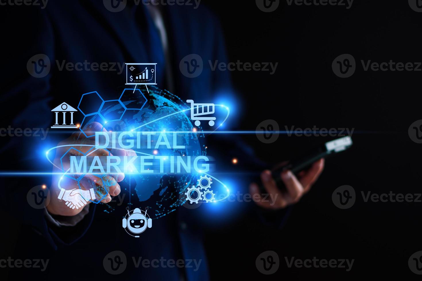 Digital marketing internet advertising and sales increase business technology concept. Businessman access online marketing, E business, E commerce, Business online, global marketing online network. photo