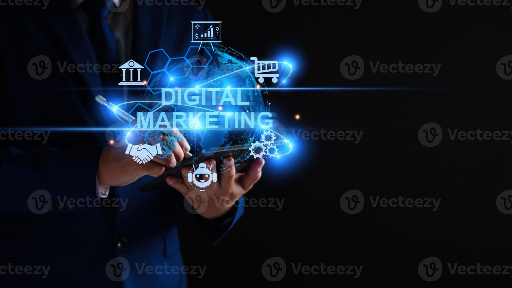 el marketing digital, la publicidad en Internet y las ventas aumentan el concepto de tecnología empresarial. los empresarios acceden a marketing en línea, negocios electrónicos, comercio electrónico, negocios en línea, red global de marketing en línea. foto