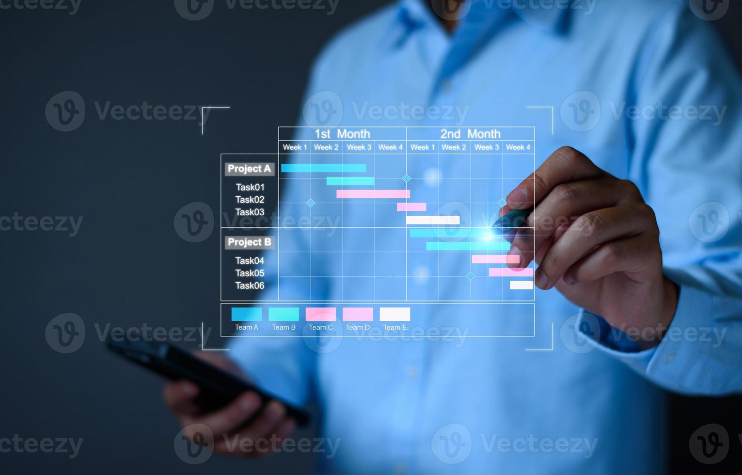 Project manager working on tablet and updating tasks and milestones progress planning with Gantt chart scheduling interface for company on virtual screen. Business Project Management System. photo